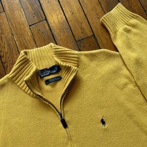 Vintage Y2K Polo Ralph Lauren Yellow Quarter Zip Up Pullover Sweater Men Size L